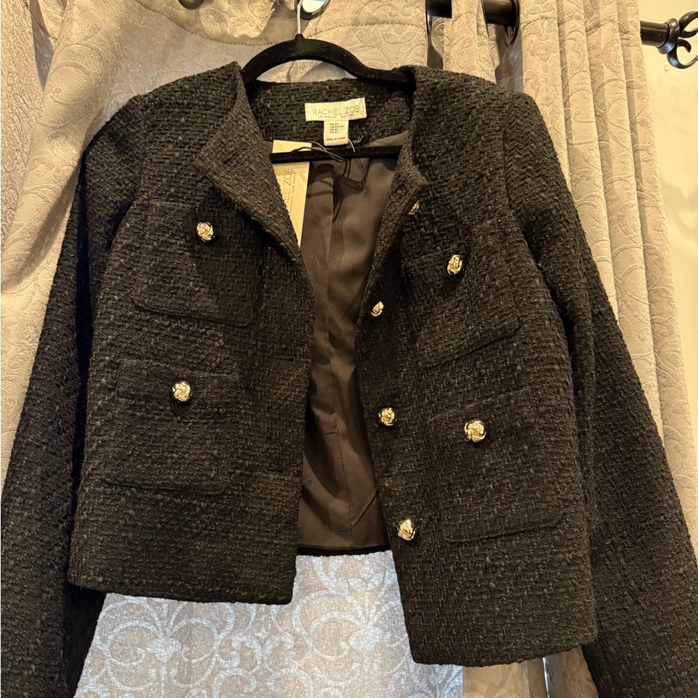 Rachel Zoe Black Tweed Blazer with Gold Buttons